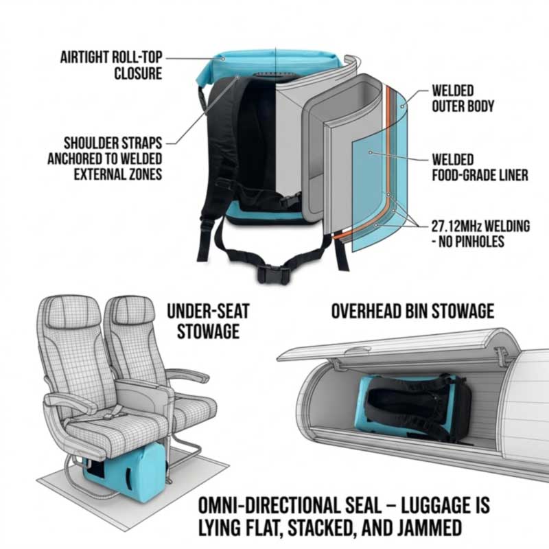 welded travel cooler backpack construction, stowed under an airline seat and compressed into luggage space
